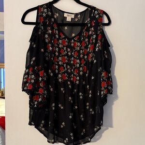 Style & Co. Black Blouse with Red and White Floral Pattern